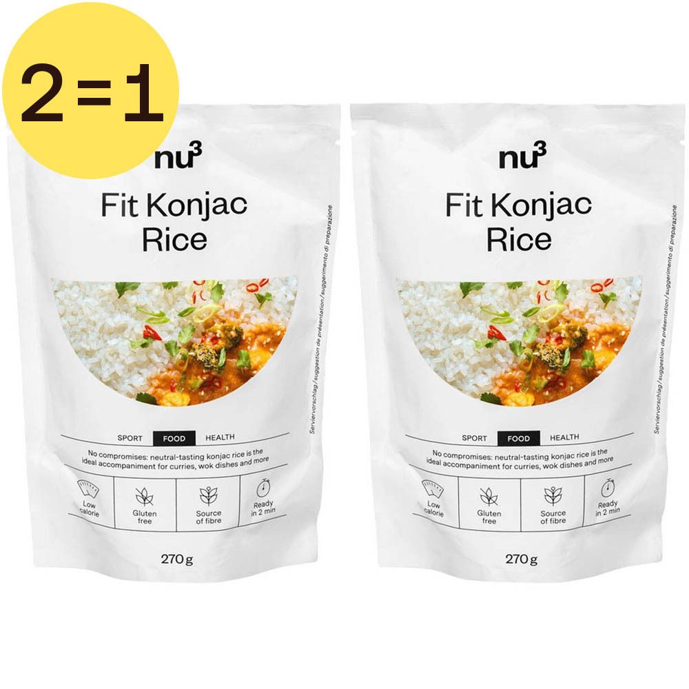 Deux paquets de nu3 Fit Riz de Konjac. Design blanc, 270g. Inscription : 2=1, sans gluten, faible en calories, source de fibres.