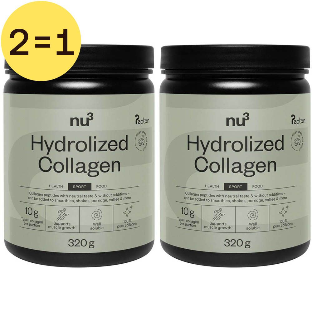 Deux boîtes de nu3 Hydrolyzed Collagen. Couvercles noirs, étiquettes vertes avec informations. Autocollant 2=1.