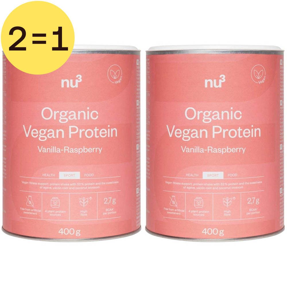 Twee blikken nu3 Bio Vegan Shake, Vanille-Framboos. Opschrift: Organic Vegan Protein. 2=1 actie.