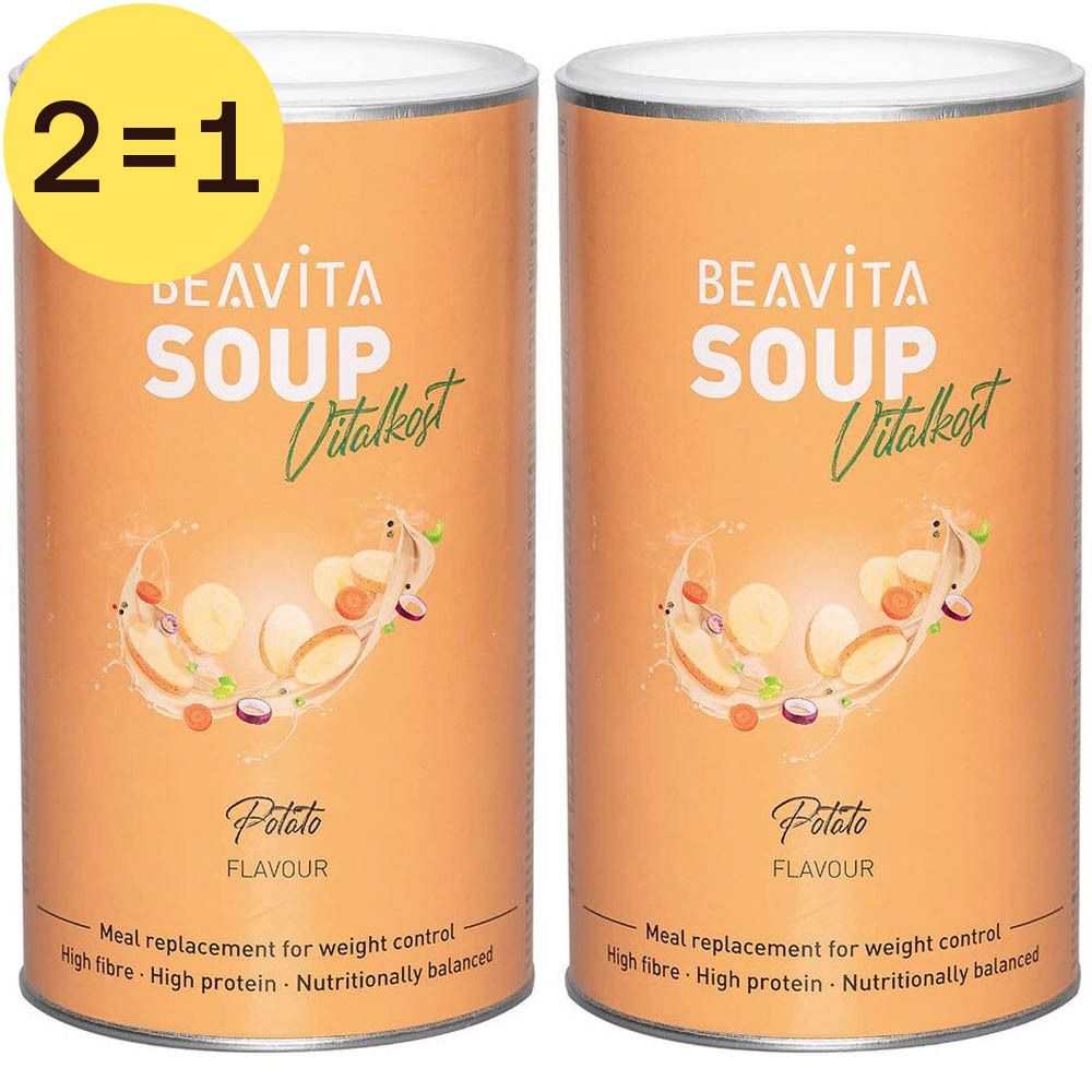 Deux boîtes de Beavita Soup Vitalkost. Inscription : Potato Flavour. Offre 2=1. Informations nutritionnelles.