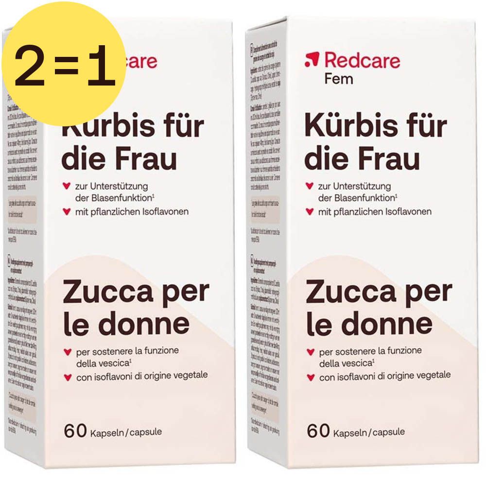 Deux boîtes Redcare Fem Courge pour les femmes. Boîtes blanches avec texte rouge. Inscription : 2=1, 60 gélules.