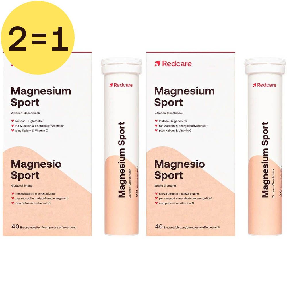 Twee verpakkingen Redcare Magnesium Sport, één met 2=1 sticker. Beide tonen het product en het merk.
