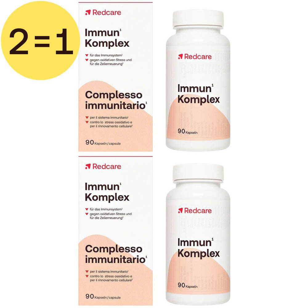 Twee dozen en twee flessen Redcare Immun' Komplex. Opschrift: 2=1. Elke fles bevat 90 capsules.