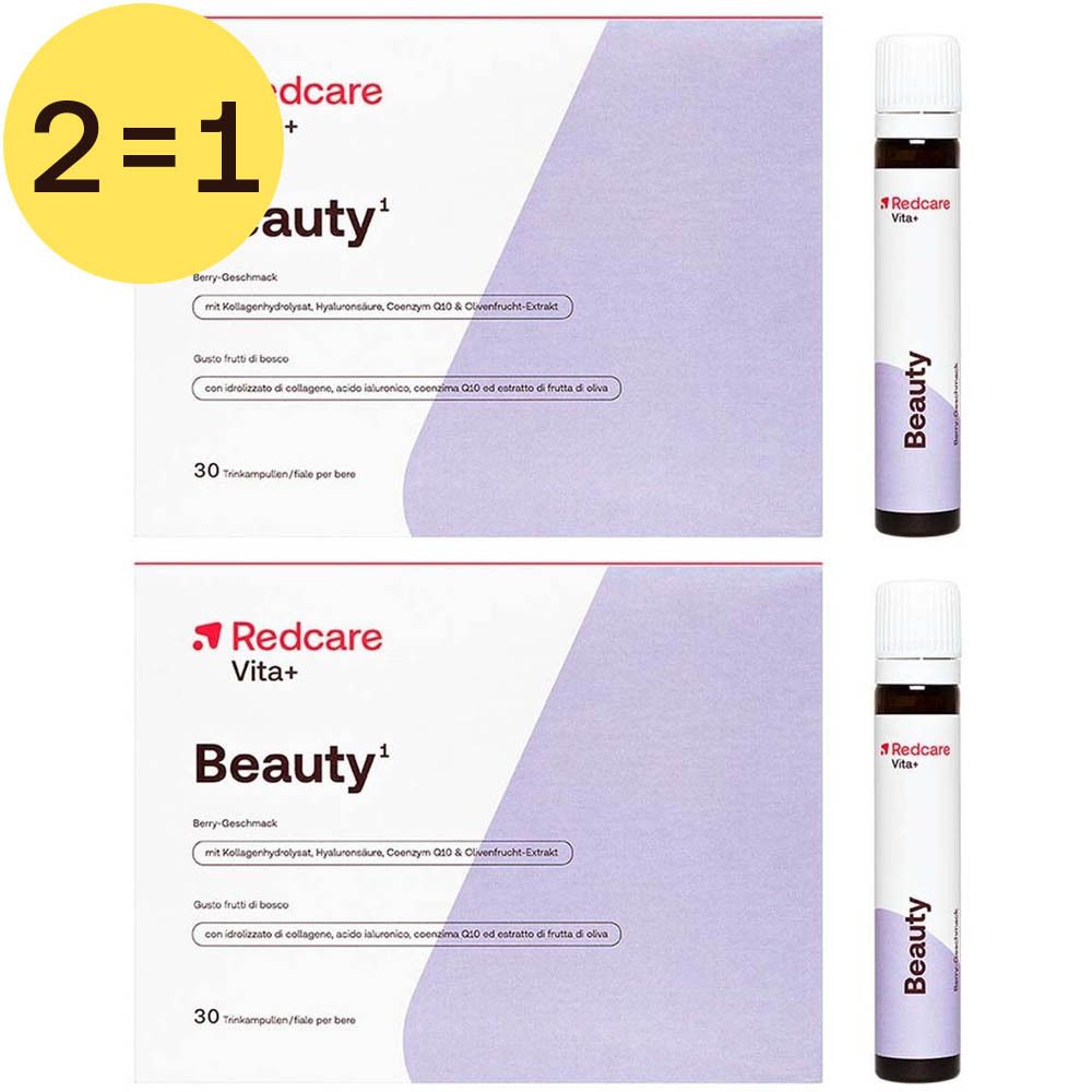 Twee verpakkingen Redcare Vita+ Beauty, 2-voor-1-aanbieding. Elke verpakking bevat 30 ampullen. Daarnaast twee ampullen met wit etiket en zwarte tekst.