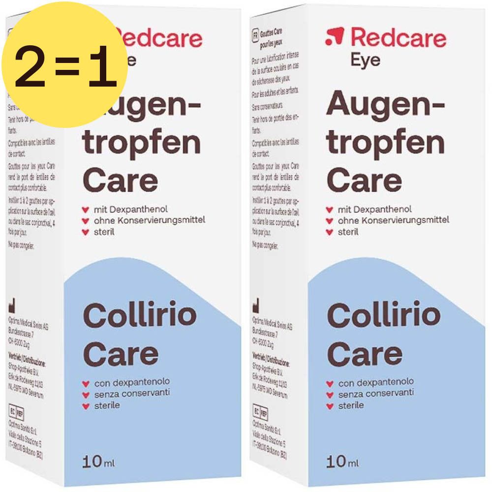 Twee verpakkingen oogdruppels. Opschrift: Redcare Eye Augentropfen Care. Met 2=1 sticker.