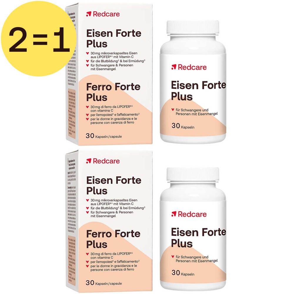 Twee dozen en twee flessen Redcare Eisen Forte Plus. Opschrift: 2=1. Capsules voor zwangere vrouwen en mensen met ijzertekort.