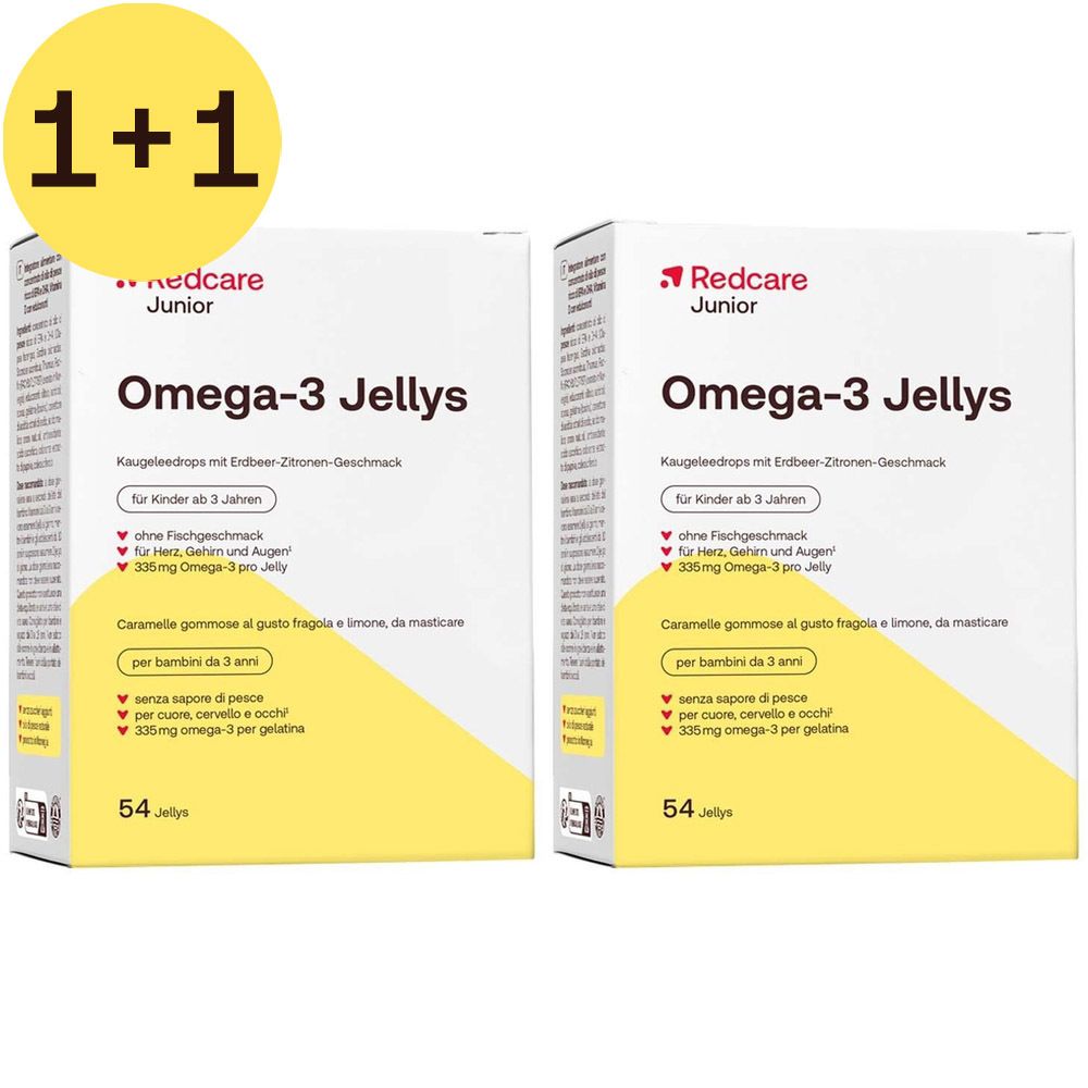 Twee dozen Omega-3 Jellys. Opschrift: Redcare Junior, Omega-3 Jellys. Geel label 2=1.