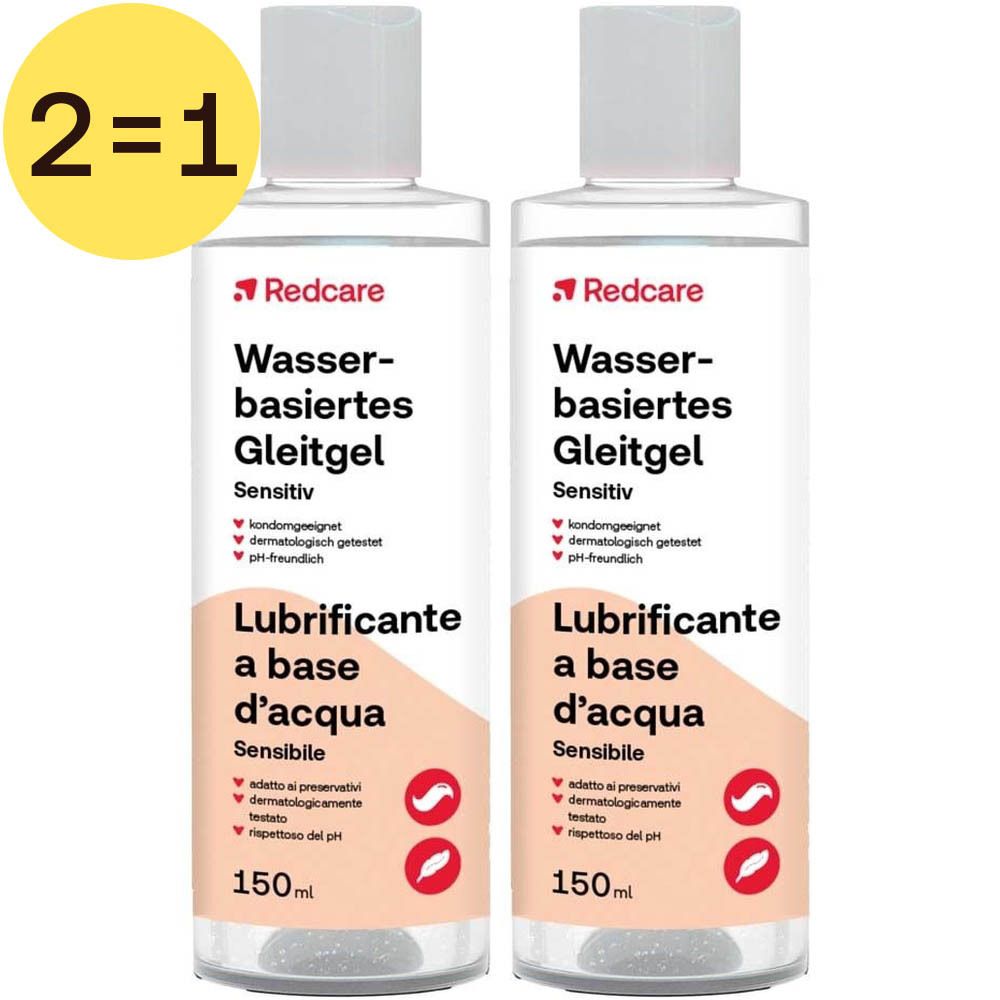 Twee flessen watergebaseerde glijmiddel, Sensitive, met rood Redcare-logo. 2=1 actie.