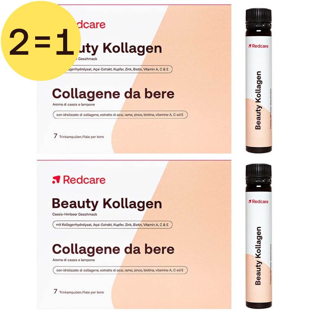 Twee dozen Redcare Beauty Kollagen met elk zeven drinkampullen. Opschrift: Beauty Kollagen, Collagene da bere.