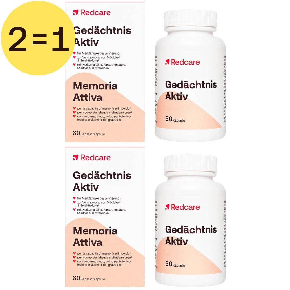 Twee witte flessen en twee dozen met de productnaam Redcare Gedächtnis Aktiv. Opschrift: 2=1.