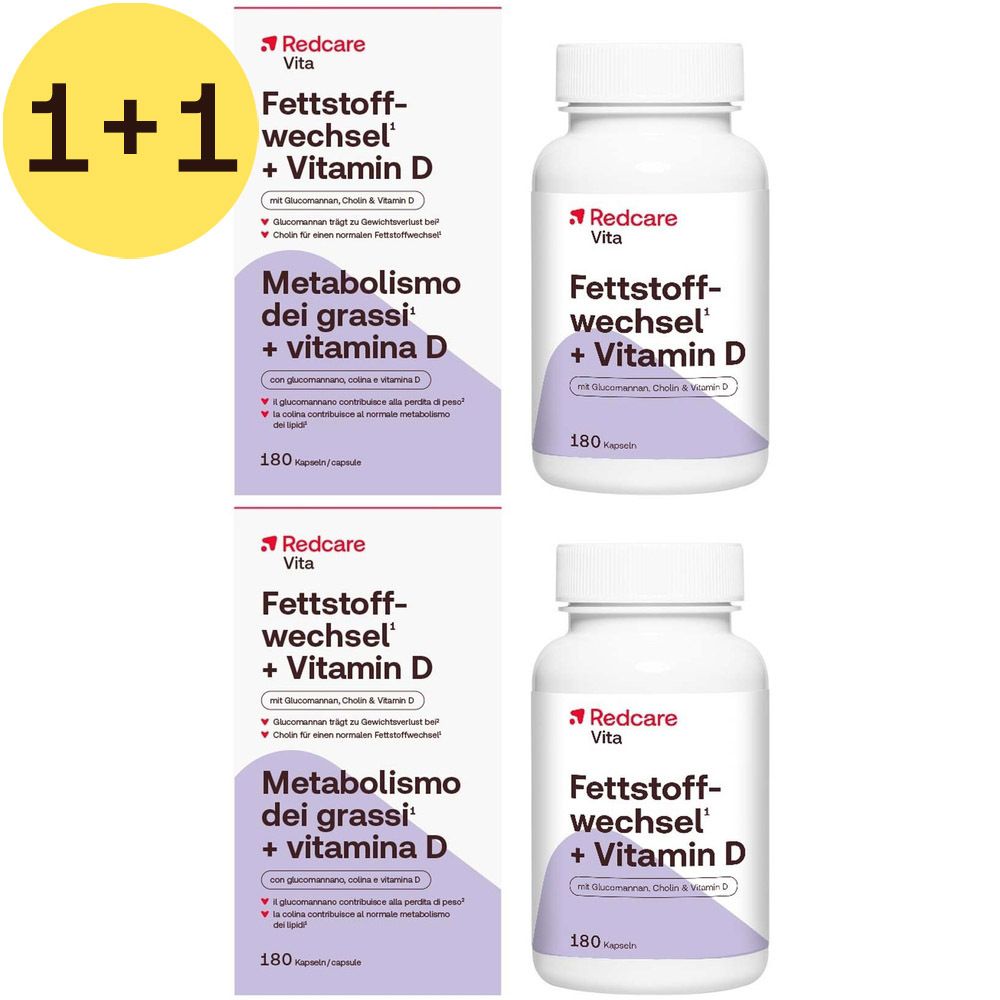Twee dozen en twee flessen Redcare Vetstofwisseling + Vitamine D. Opschrift 2=1. Elke fles bevat 180 capsules.