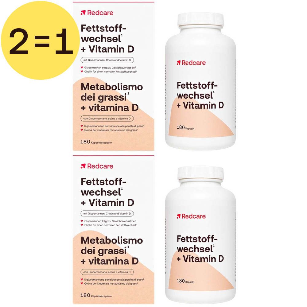 Deux boîtes et deux flacons Redcare Fettstoffwechsel + Vitamine D. Inscription 2=1. Chaque flacon contient 180 gélules.