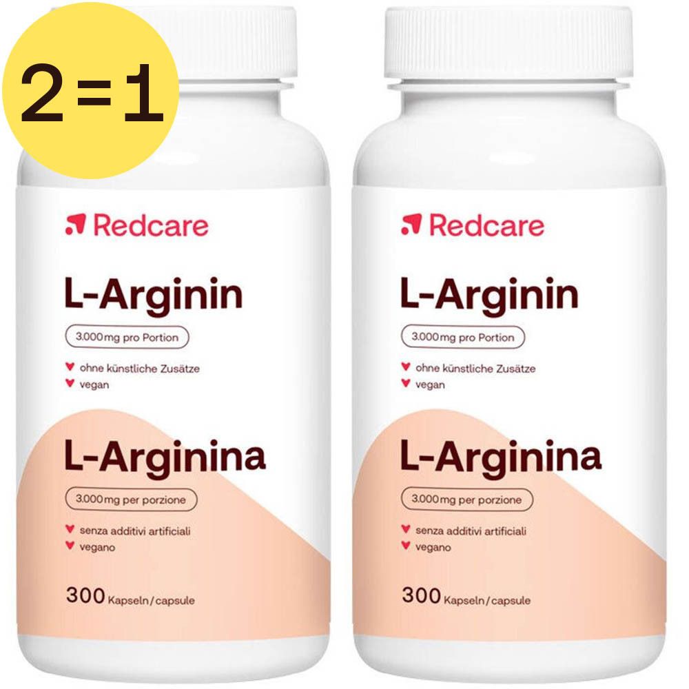 Twee witte flessen met etiketten. Opschrift: Redcare L-Arginine, 3000mg per portie, zonder kunstmatige toevoegingen, vegan. 2=1-actie.