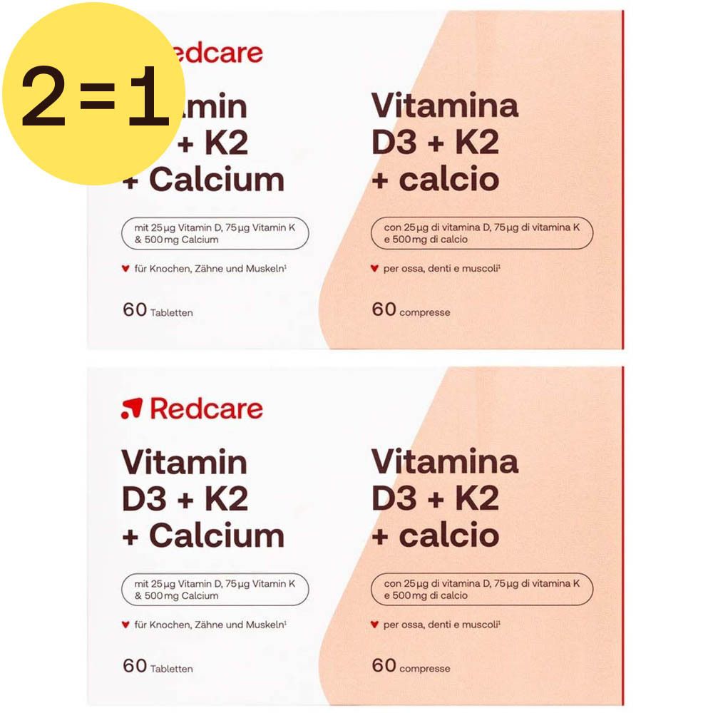 Deux boîtes de Redcare Vitamine D3 + K2 + Calcium. Inscription : 2=1. 60 comprimés.