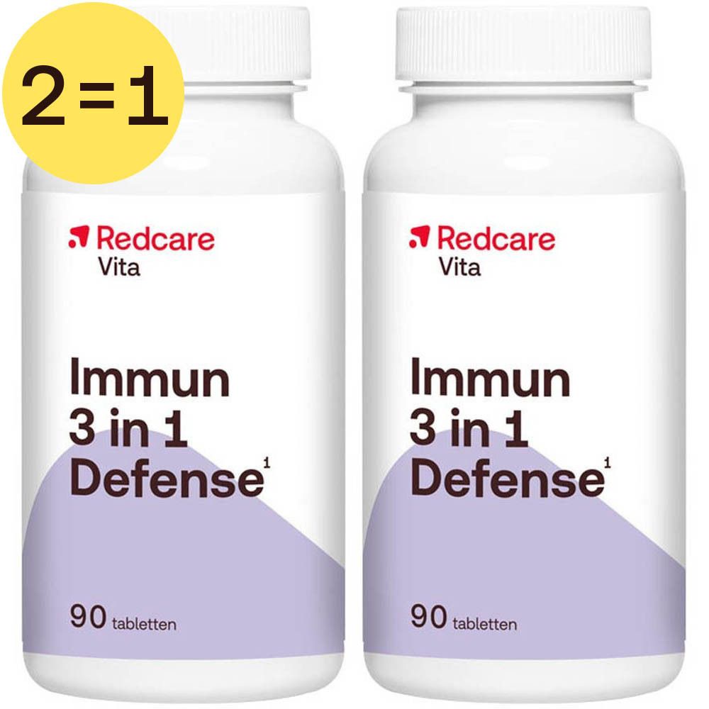 Deux flacons blancs avec étiquettes. Inscription: Redcare Vita Immun 3 in 1 Defense. Cercle jaune avec "2=1".