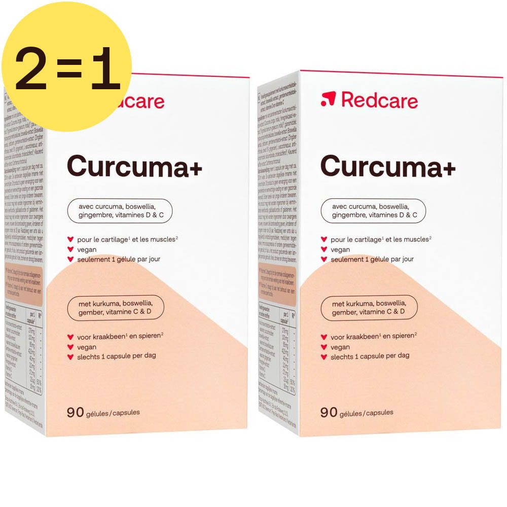 Twee dozen Redcare Curcuma+ 2 pour 1. Wit met rode tekst. Opschrift: Curcuma+, 90 capsules. Gele cirkel met "2=1". 