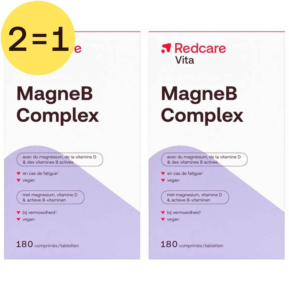 Twee dozen Redcare MagneB Complex. Opschrift "2=1". Beide dozen tonen "MagneB Complex" en "180 tabletten".