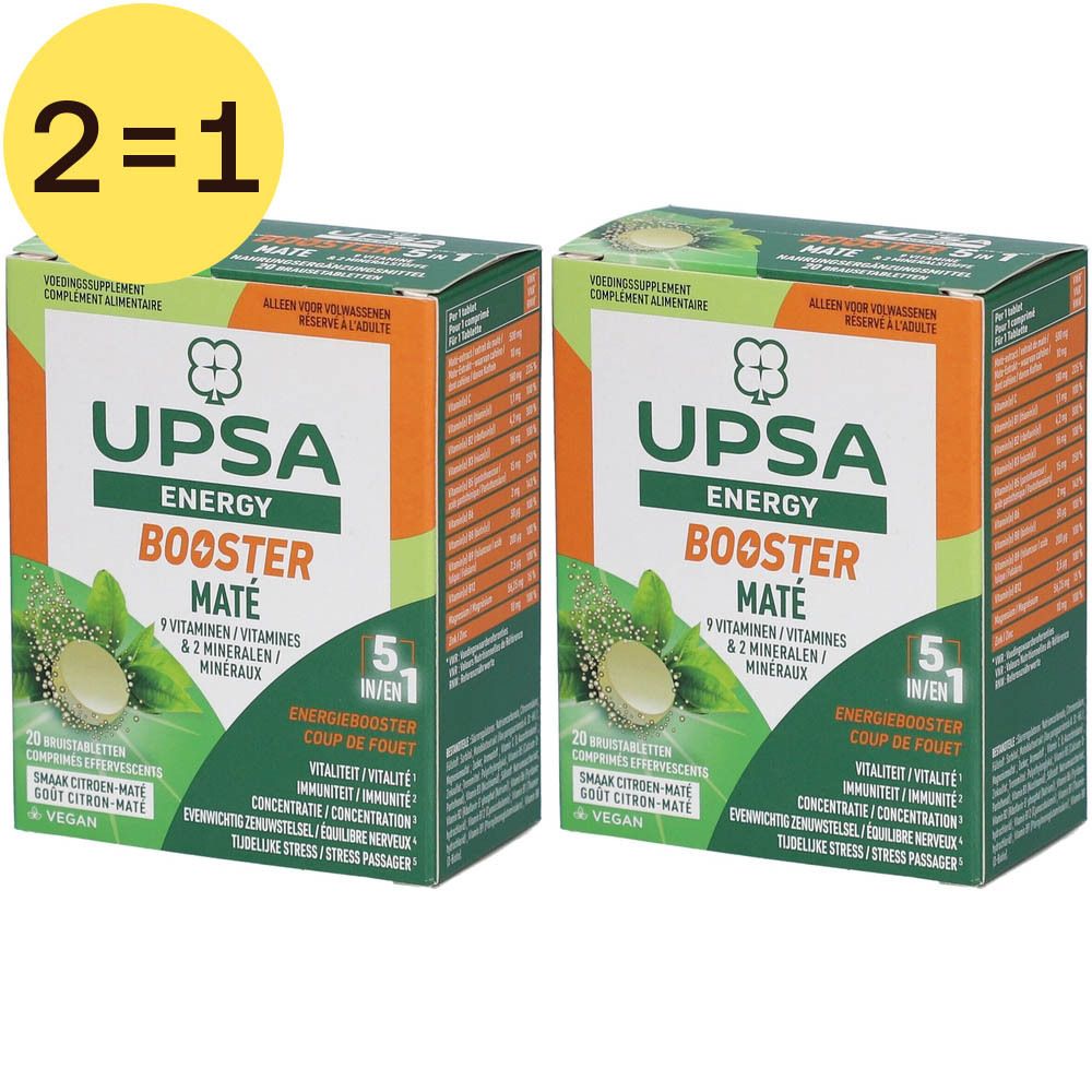 Deux boîtes vertes et oranges avec "UPSA ENERGY BOOSTER MATÉ". Une étiquette jaune avec "2=1".