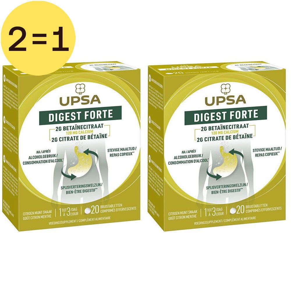 Twee dozen UPSA Digest Forte op gele achtergrond. Opschrift: 2G Betaïnecitraat, 20 tabletten. Geel 2=1 label.