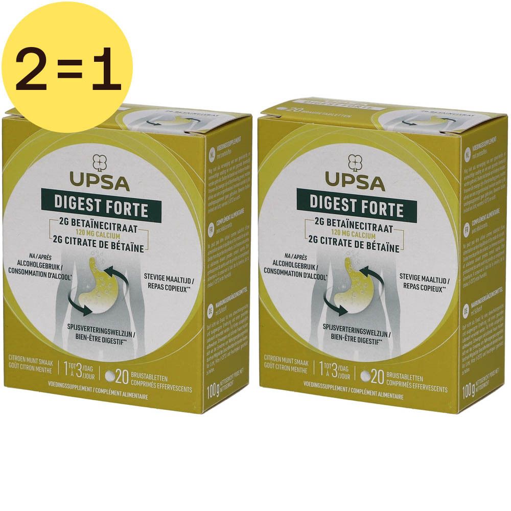Twee dozen UPSA Digest Forte op gele achtergrond. Opschrift: 2G Betaïnecitraat, 20 tabletten. Geel 2=1 label.