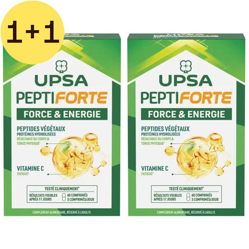 Deux boîtes UPSA Peptiforte Force & Energie. Inscription : Peptides, Vitamine C. Étiquette jaune 1+1.