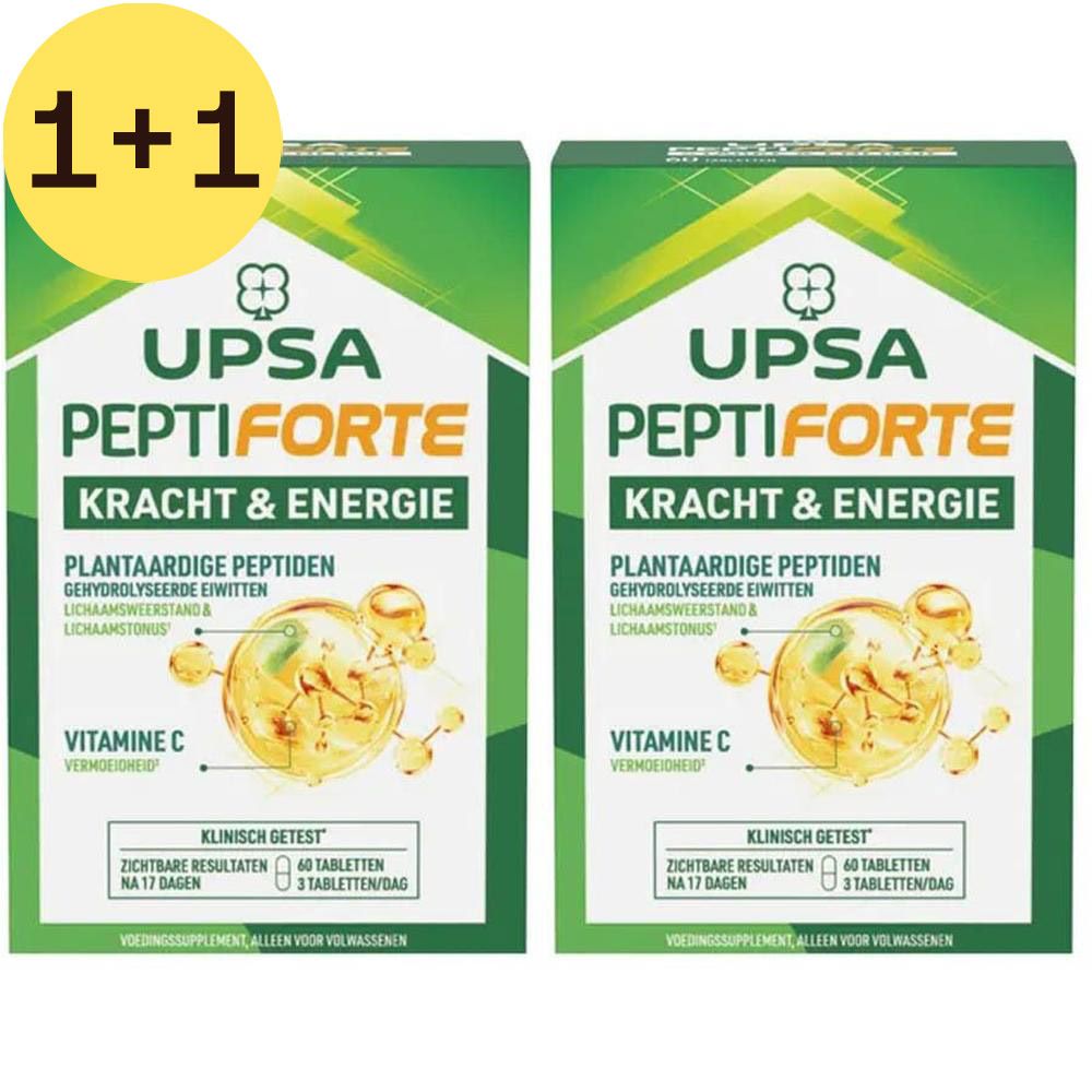 Twee dozen UPSA Peptiforte Kracht & Energie. Opschrift: Peptiden, Vitamine C. Geel 1+1 label.