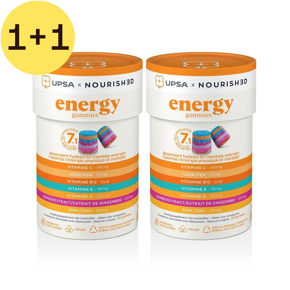 Twee cilindrische potten met oranje deksels. Opschrift: UPSA x NOURISHED, energy gummies. Label 1+1 gratis.