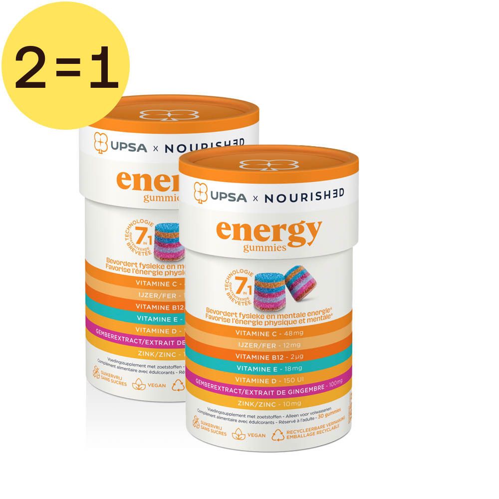 Deux boîtes cylindriques avec couvercles orange. Inscription : UPSA x Nourished energy gummies. Inscription : 2=1. Inscription : 7.1 Technologie.