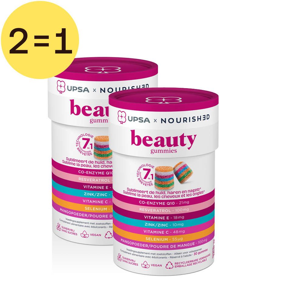 Deux boîtes cylindriques "beauty gummies". Inscription: UPSA, Nourished. Étiquette jaune: 2=1. Ingrédients visibles.