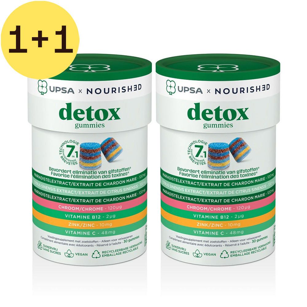 Deux boîtes blanches avec couvercles verts. Inscription: UPSA x NOURISHED Detox Gummies. Offre 1+1. Contient vitamines et minéraux.
