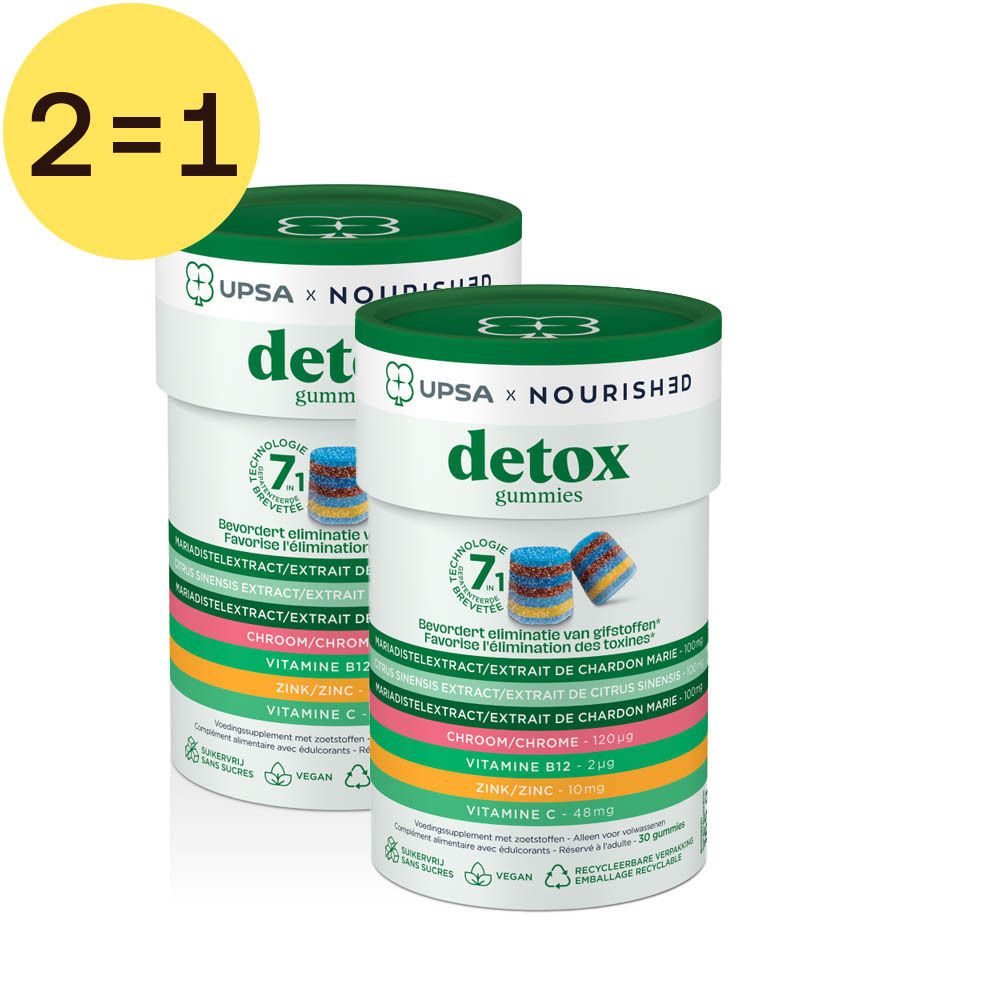 Twee cilindrische containers met groene deksels. Opschrift: Detox Gummies. Geel label met 2=1. Zichtbare ingrediënten.