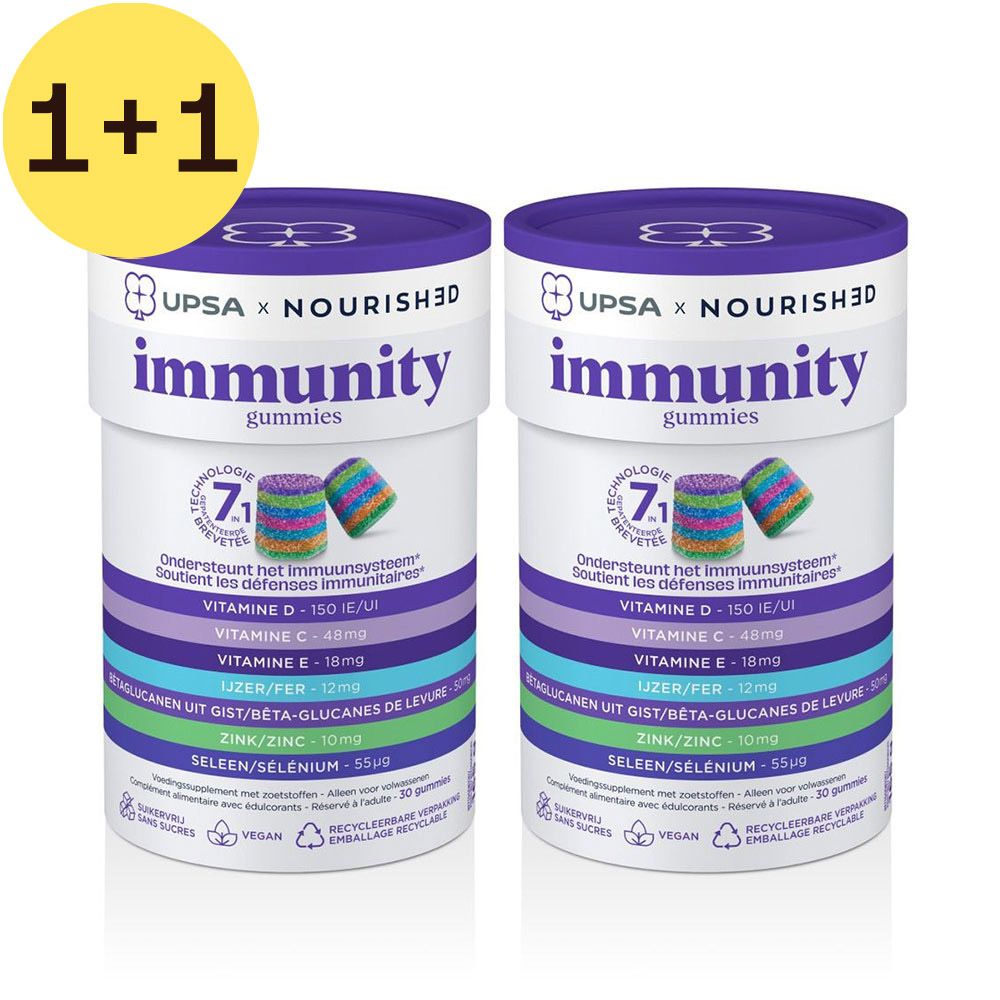 Twee witte potten met paarse deksels. Opschrift: UPSA x NOURISHED immunity gummies. 1+1 GRATIS. Bevat vitaminen en zink.