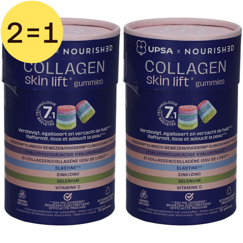 Deux tubes de gummies "UPSA Nourished Collagen". Inscription "Collagen skin lift gummies". Étiquette jaune 2=1.