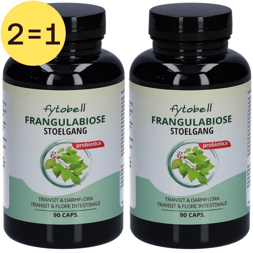 Twee flessen Frangulabiose, 90 capsules, met opschriften 'Stoelgang' en 'Probiotica'. Geel 2=1 label.