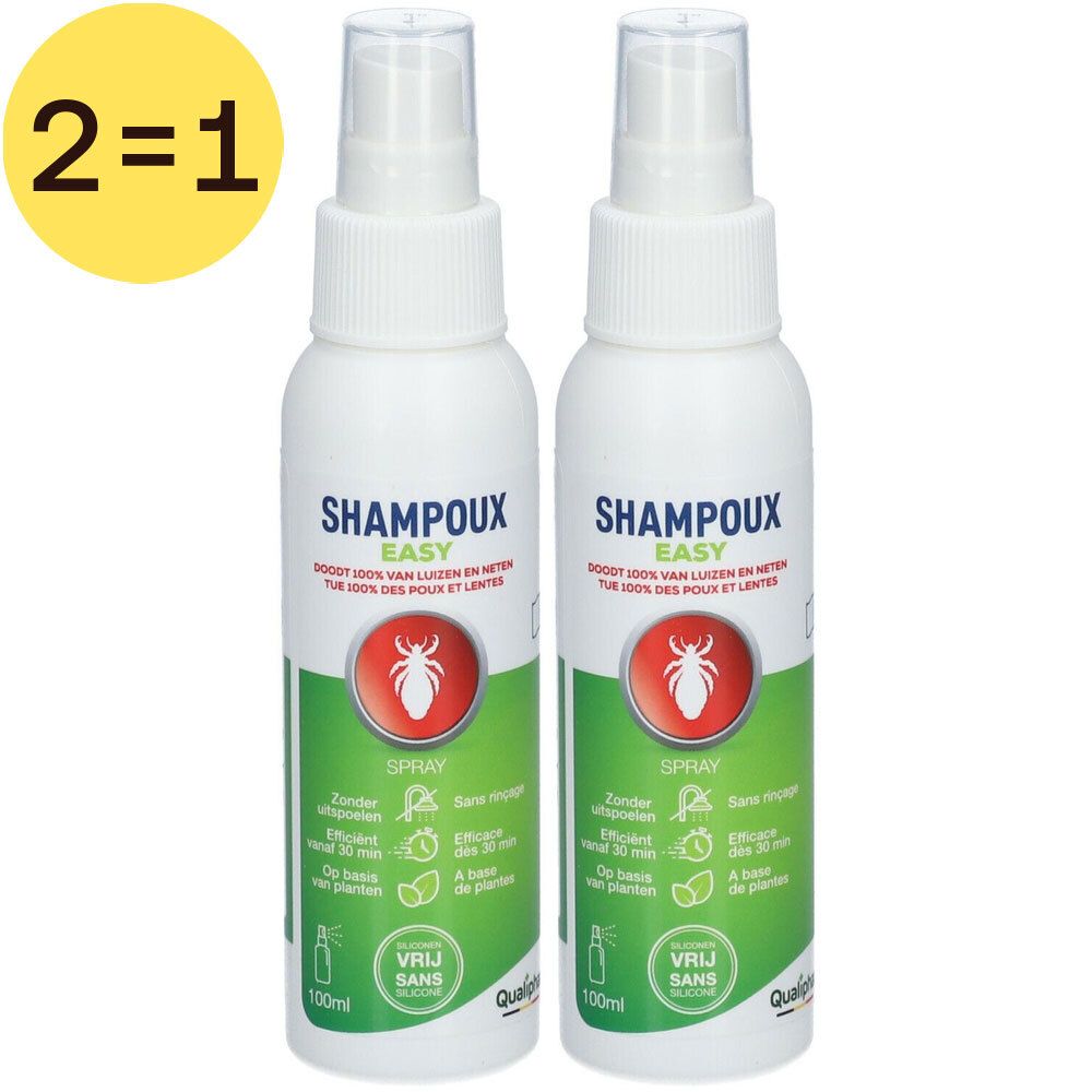 Twee witte spuitflessen met etiket. Opschrift SHAMPOUX EASY. Geel 2=1 symbool.