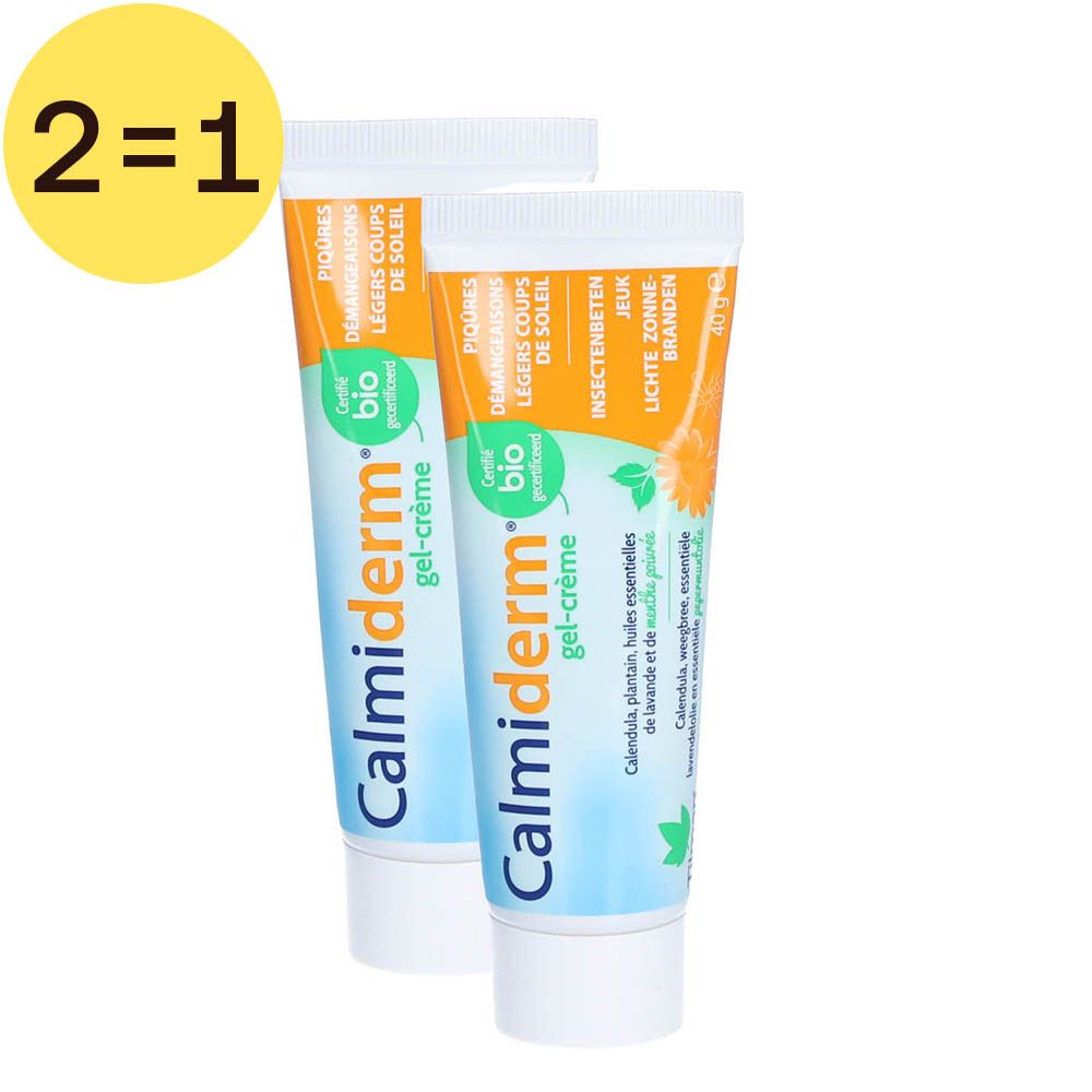 Twee tubes Calmiderm gel-crème BIO. Opschrift: Piqures, Démangeaisons, Légers coups de soleil. Gel-crème.