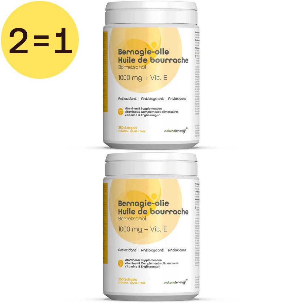 Twee witte potten met gele etiketten. Opschrift: Bernagie-olie, Huile de bourrache, 1000 mg + Vit. E. Geel 2=1 symbool.