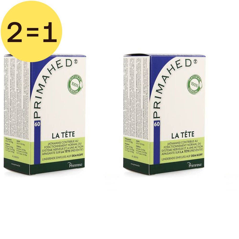 Deux boîtes de Primahed 2 pour 1. Inscription : Primahed, 60, La Tête, Natural Origin. Cercle jaune avec 2=1.