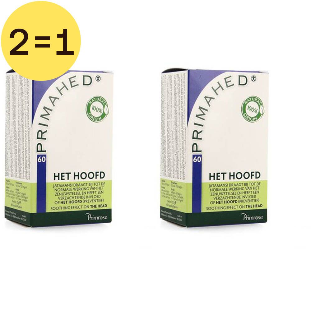 Twee dozen Primrose Primahed 2 pour 1. Opschrift: Primahed, 60, Het Hoofd, Natural Origin. Gele cirkel met 2=1.