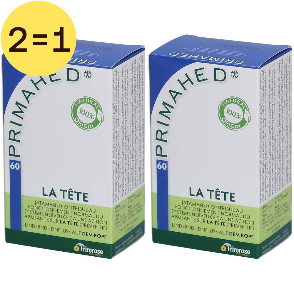 Twee dozen Primrose Primahed 2 pour 1. Opschrift: Primahed, 60, La Tête, Natural Origin. Gele cirkel met 2=1.