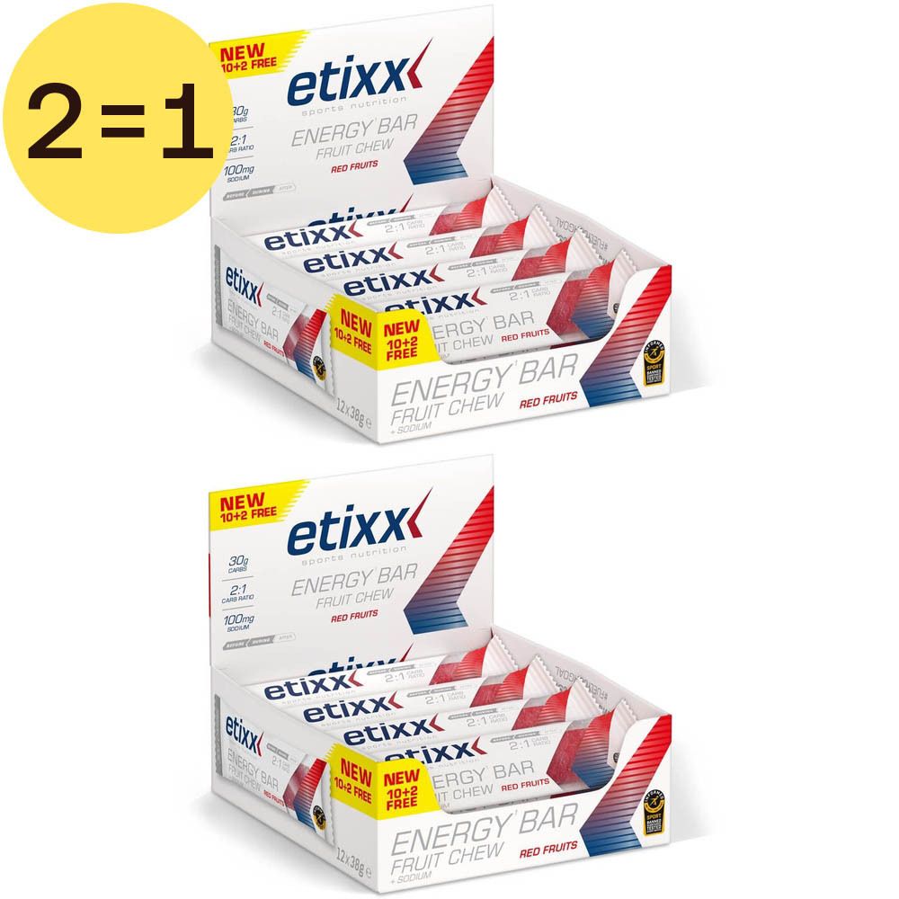 Twee geopende dozen Etixx Energy Bar Fruit Chew, rode vruchten. Opschrift 'Energy Bar'.