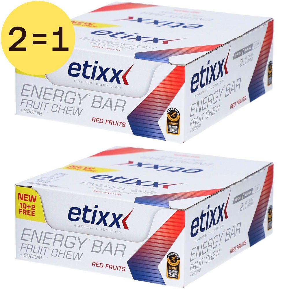 Twee dozen Etixx Energy Bar Fruit Chew, rode vruchten. Opschrift 'Energy Bar'. 21 repen per doos.