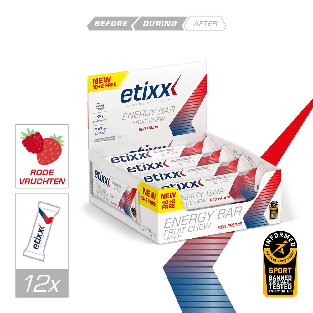 Etixx Energy Bar, fruitkauwgom, rode vruchten. Open doos met repen. Opschrift: New 10+2 gratis. 2:1 Carb Ratio.