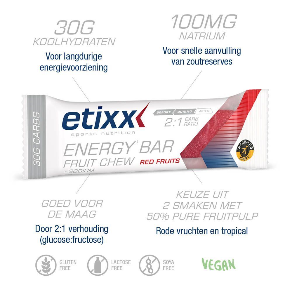 Etixx Energy Bar, fruitkauwgom, rode vruchten. Enkele reep met voedingswaarde. Opschrift: 30g koolhydraten, 100mg natrium.