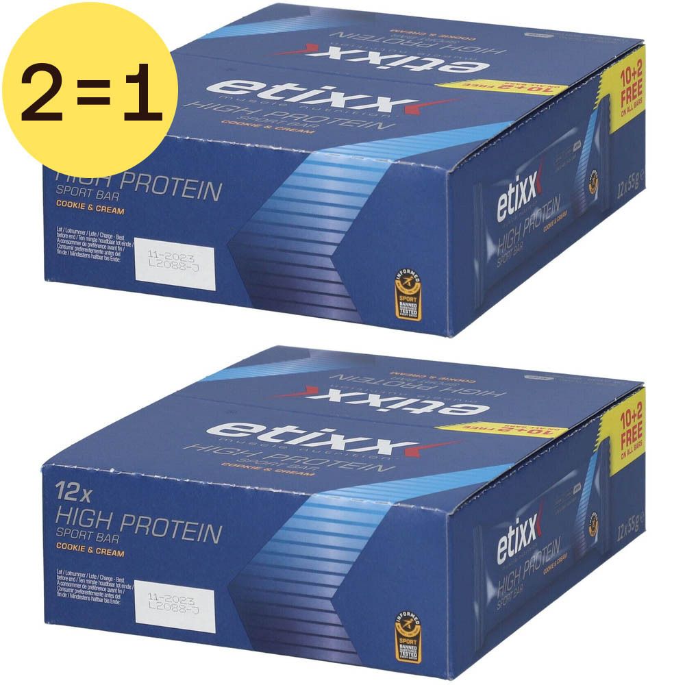 Deux boîtes de barres protéinées ETIXX. Emballage bleu avec informations et logo. Promotion 2=1.