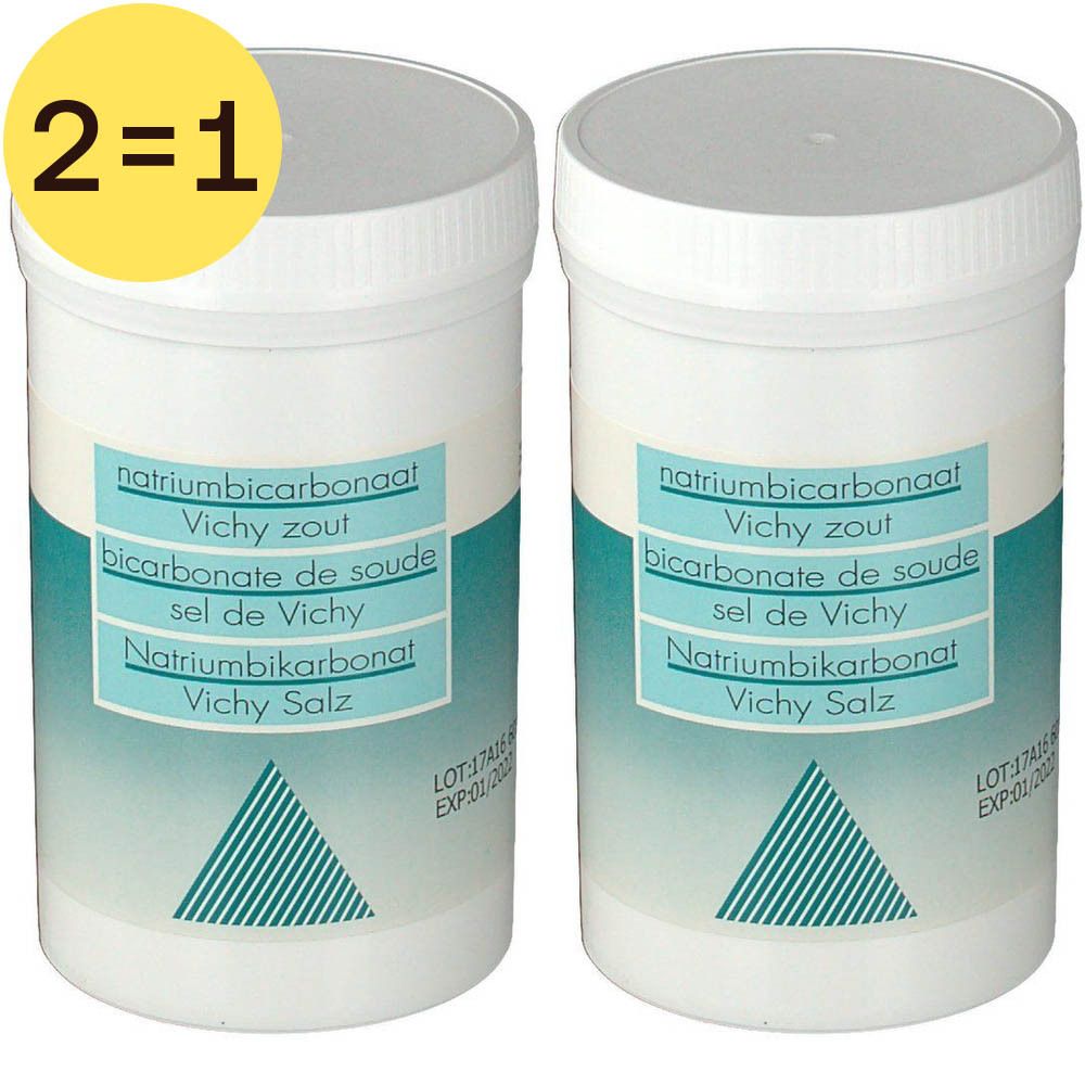 Twee witte potten met etiket. Opschrift: Natriumbicarbonaat, Vichy zout, Bicarbonate de soude, Sel de Vichy, Natriumbikarbonat, Vichy Salz. Geel 2=1 symbool.