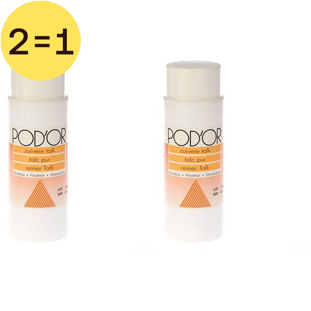 Twee witte POD'OR-verpakkingen, 2=1 actie. Tekst: zuivere talk, talc pur, reiner Talk.