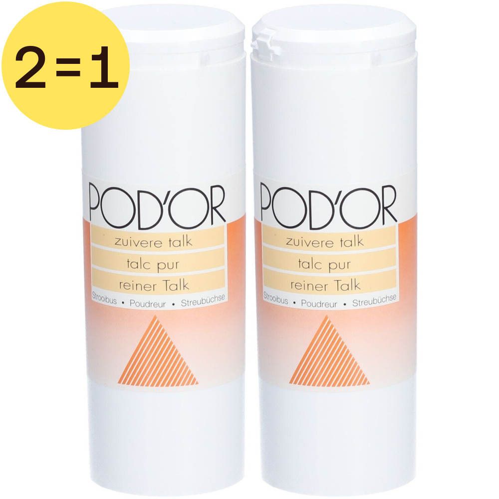 Twee witte POD'OR-verpakkingen, 2=1 actie. Tekst: zuivere talk, talc pur, reiner Talk. Oranje achtergrond.