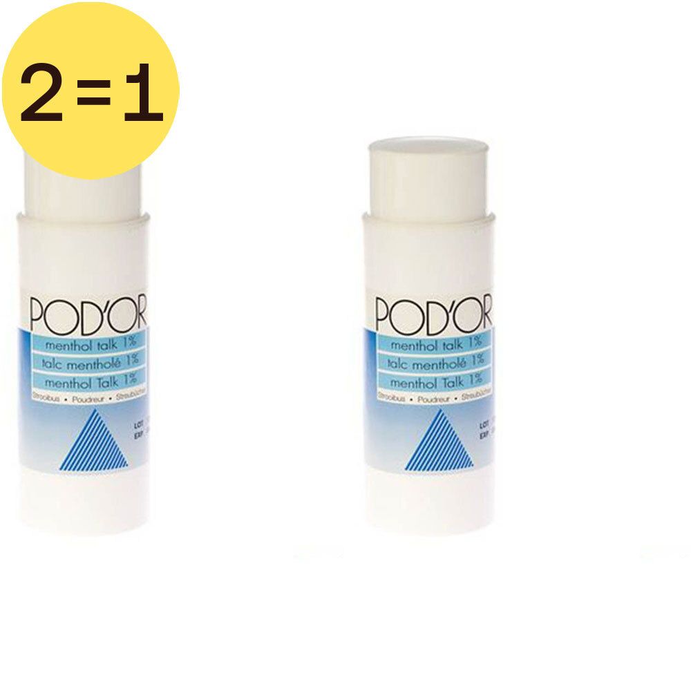 Deux flacons de poudre de talc blancs avec étiquettes bleues et blanches. Inscription : Pod'or, Menthol Talk 1%. Étiquette jaune 2=1.