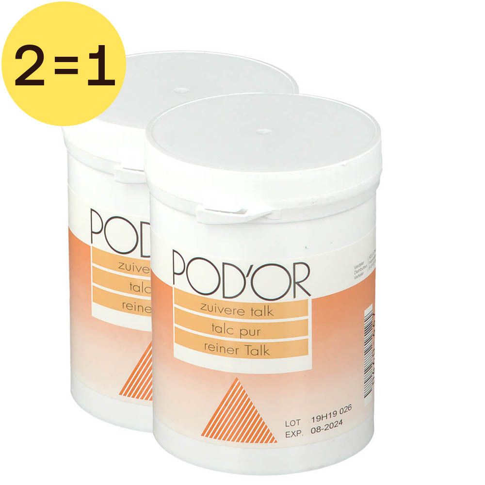 Twee witte potten met deksels. Opschrift POD'OR, talc pur. Gele cirkel met 2=1.
